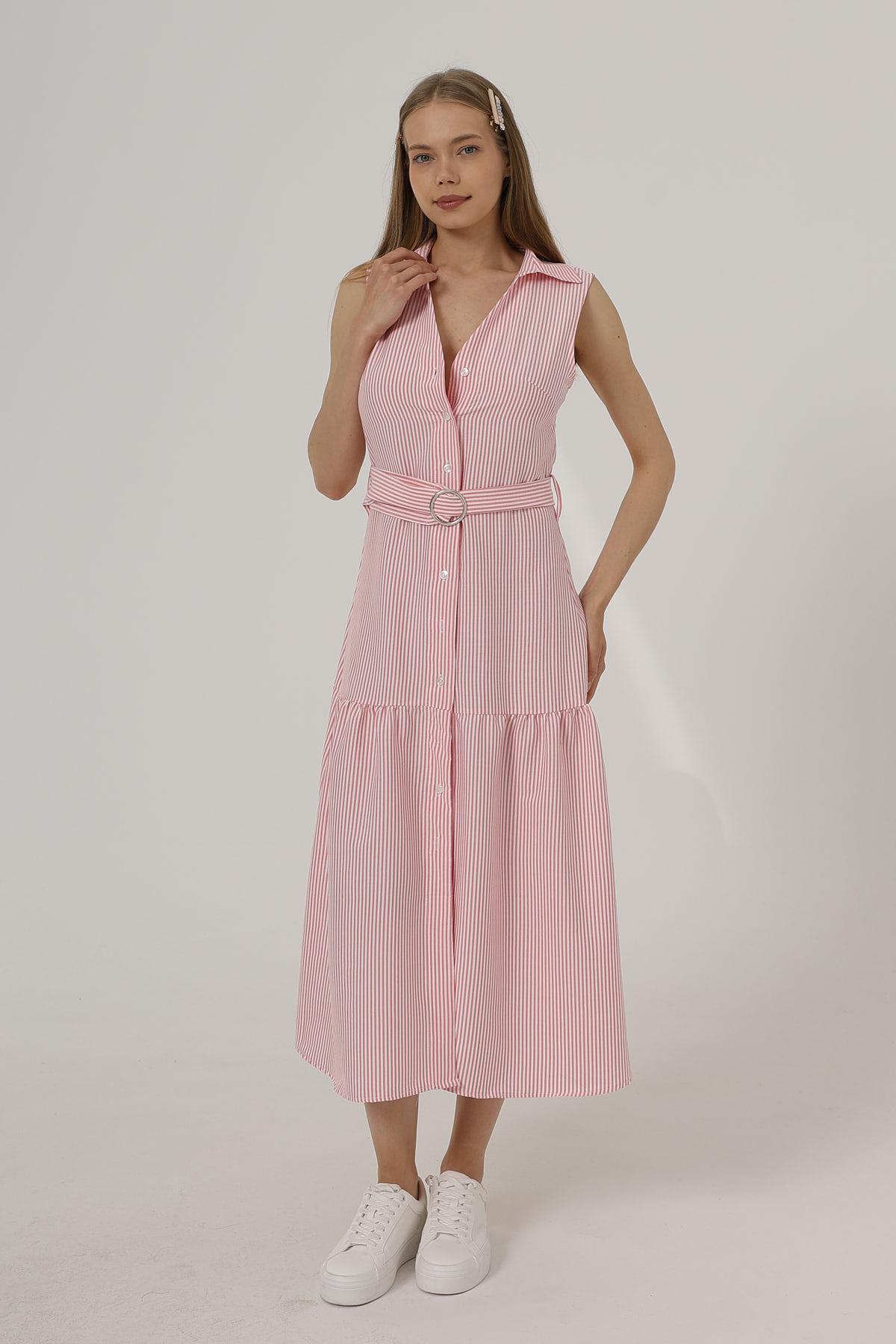 Kemerli Çizgili Elbise - Pembe