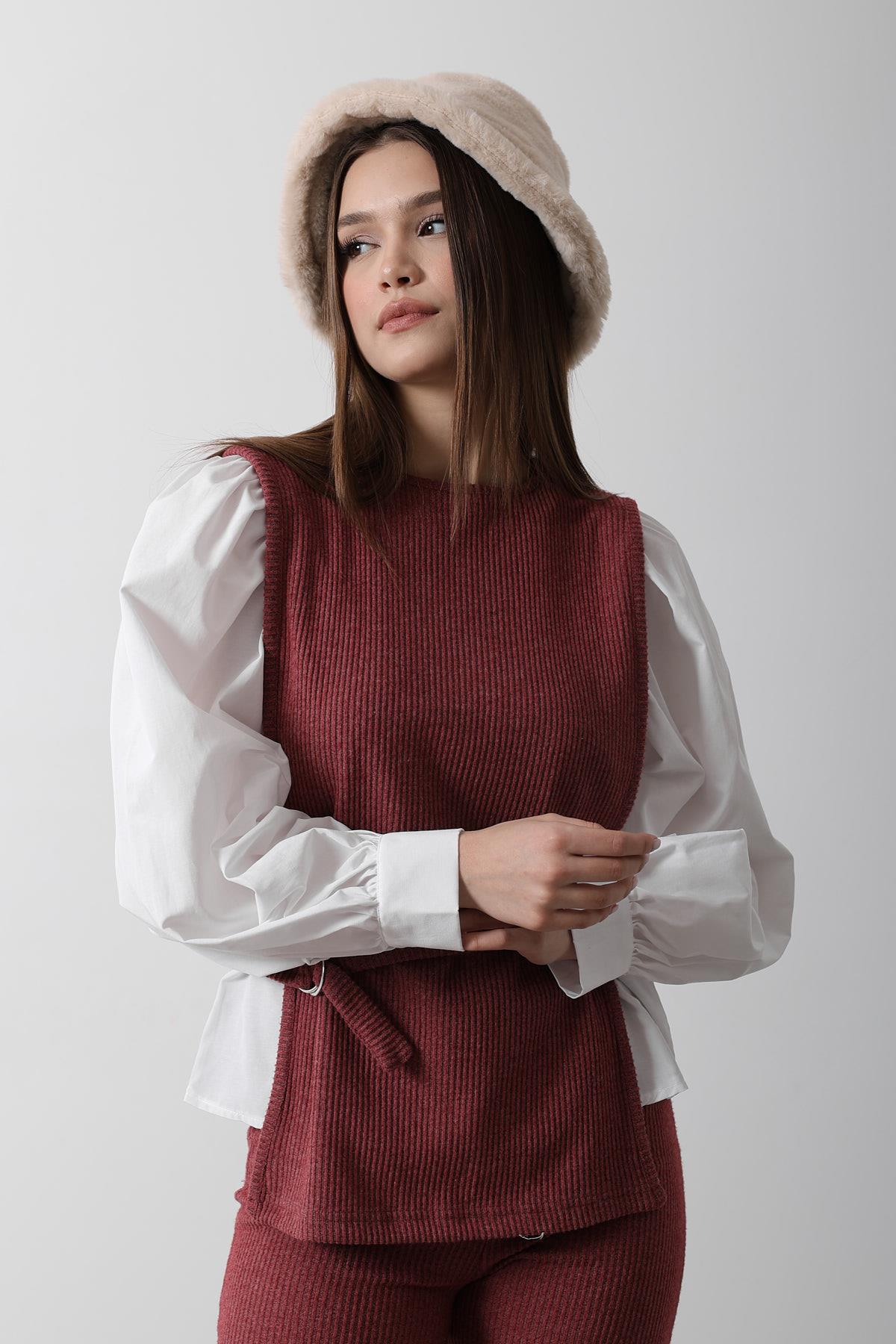 Kemerli Detaylı  Gömlek - Bordo