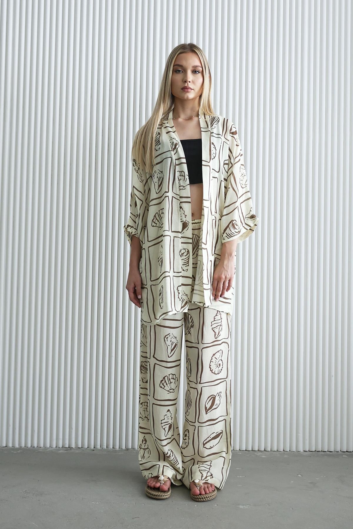 Kimono Takım - Ekru-Kahve