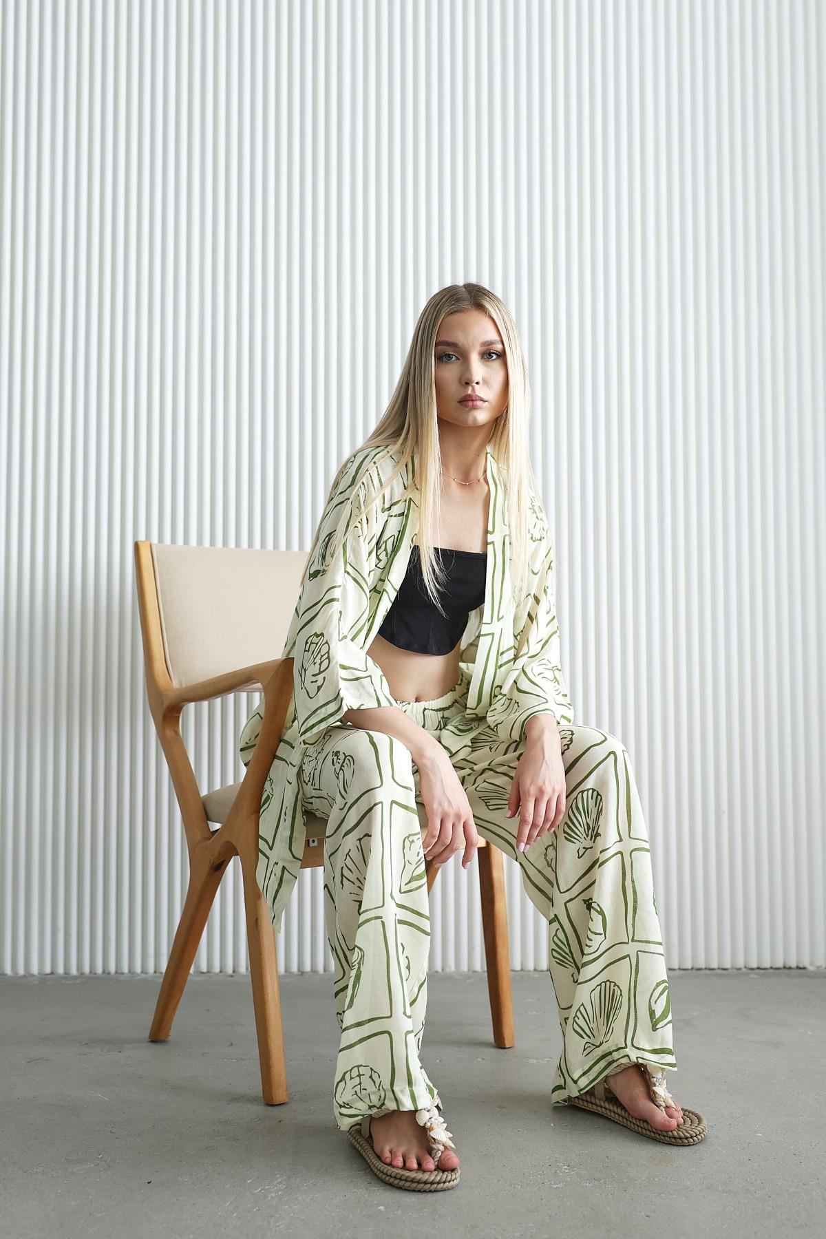 Kimono Takım - Ekru-Yeşil