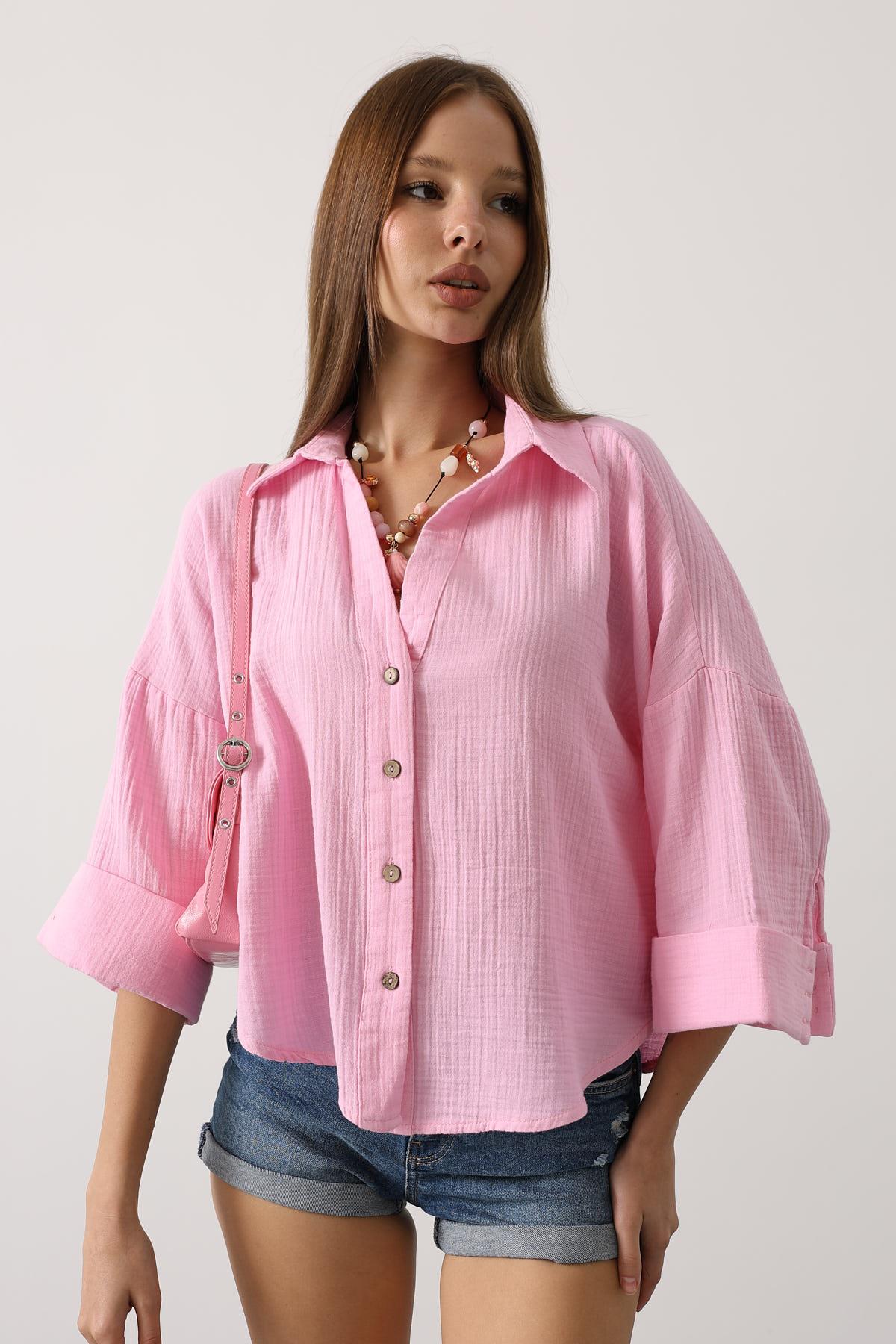Kolları Duble Müslin Gömlek - Pembe