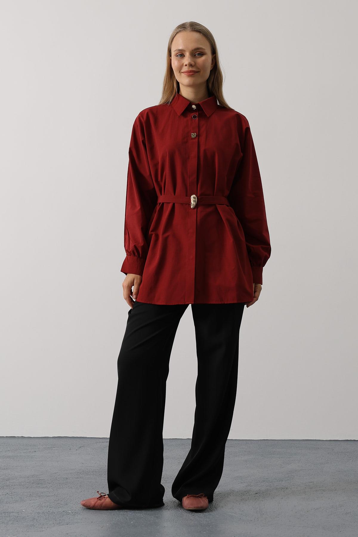 Kuşak Detaylı Tunik Gömlek - Bordo