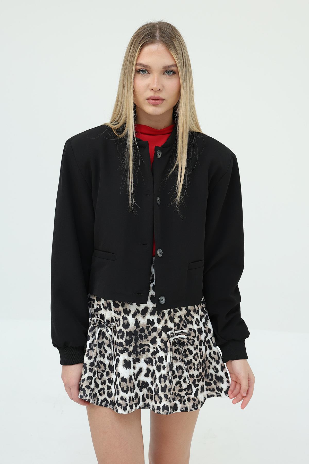 Leopar Detaylı Bomber - Siyah