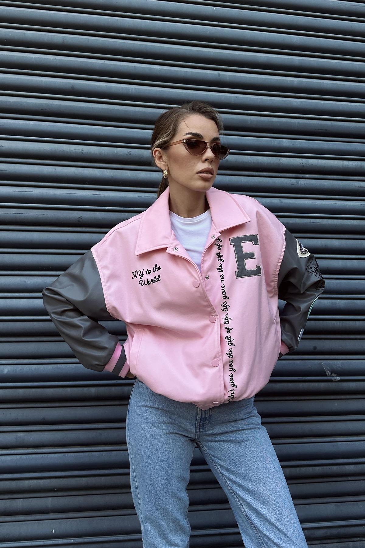 Nakışlı Çıtçıtlı Biker - Pembe