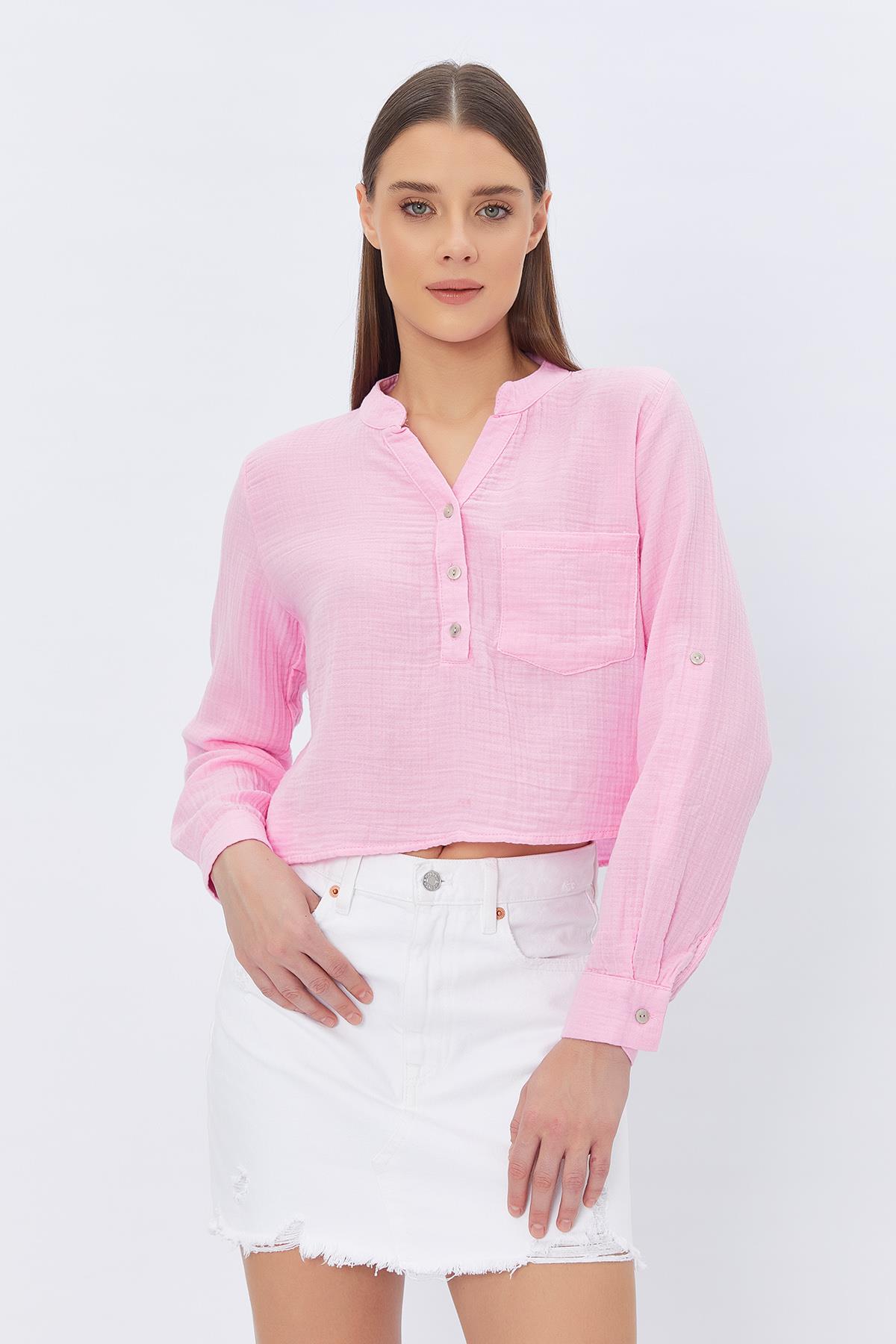 ÖNDEN CEPLİ HAKİM YAKA BLUZ - PEMBE