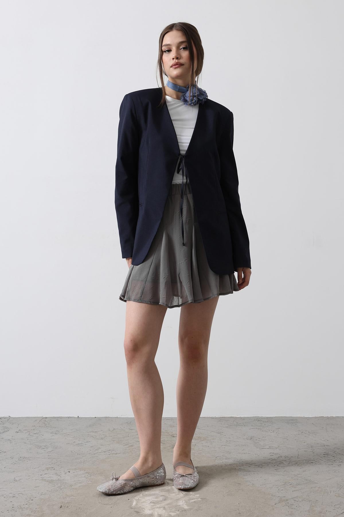 Önü Bağlamalı Blazer Ceket - Lacivert