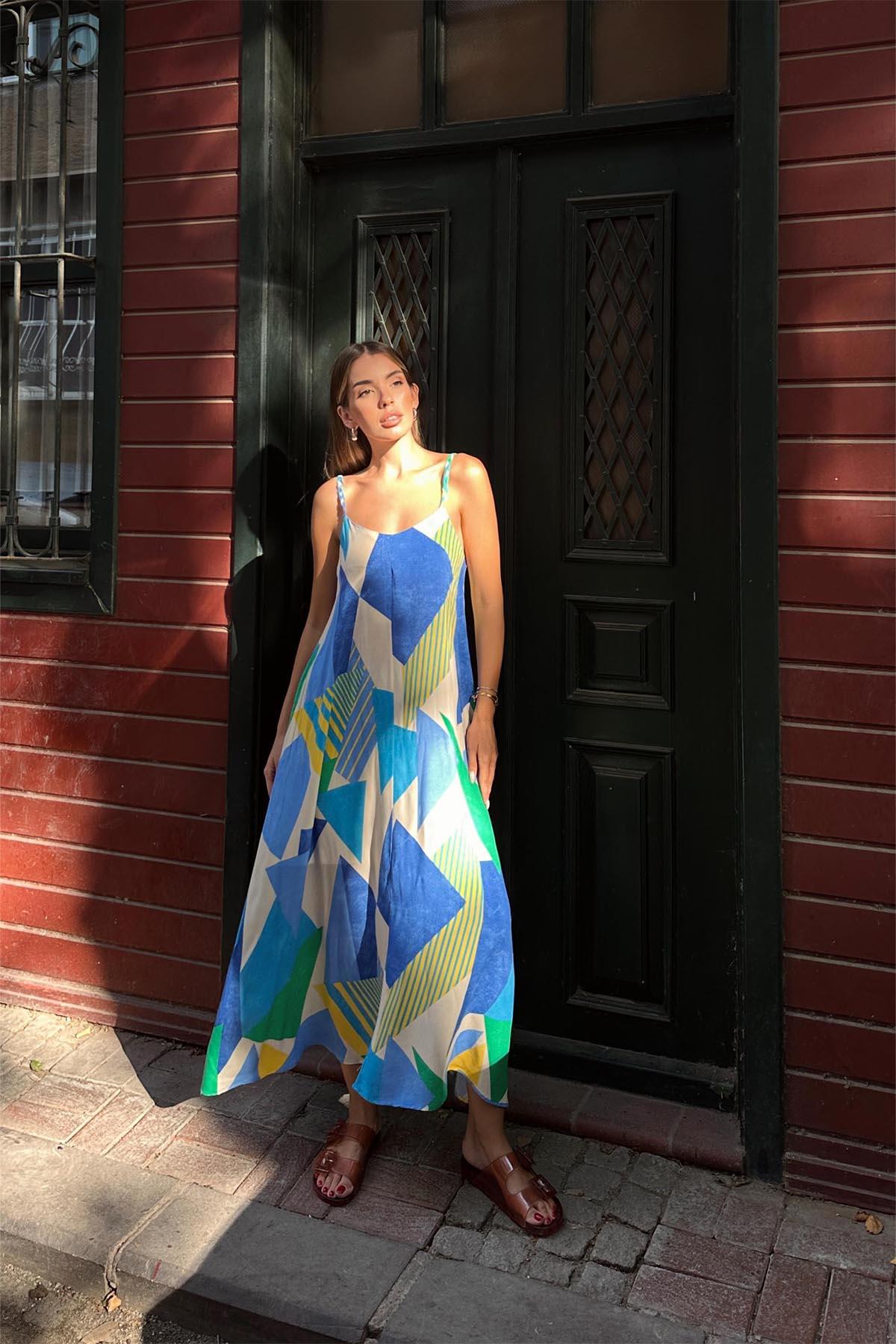 Örgü Askılı Elbise - Mavi