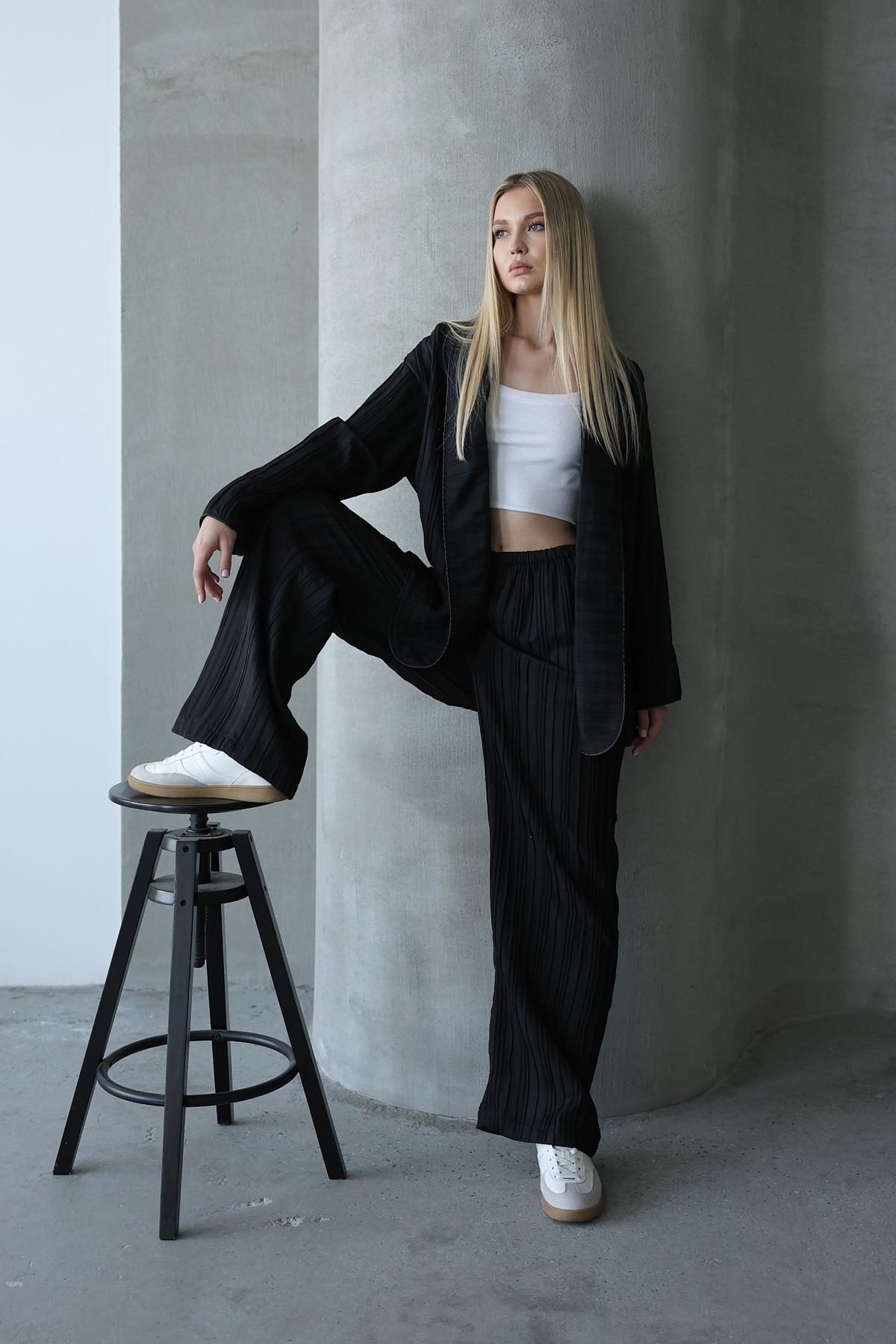 Pliseli Kimono - Siyah