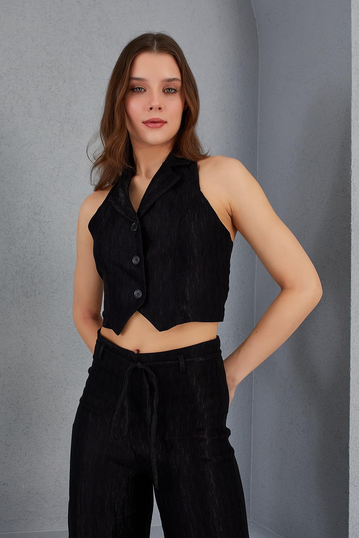 PLİSELİ YELEK - SİYAH