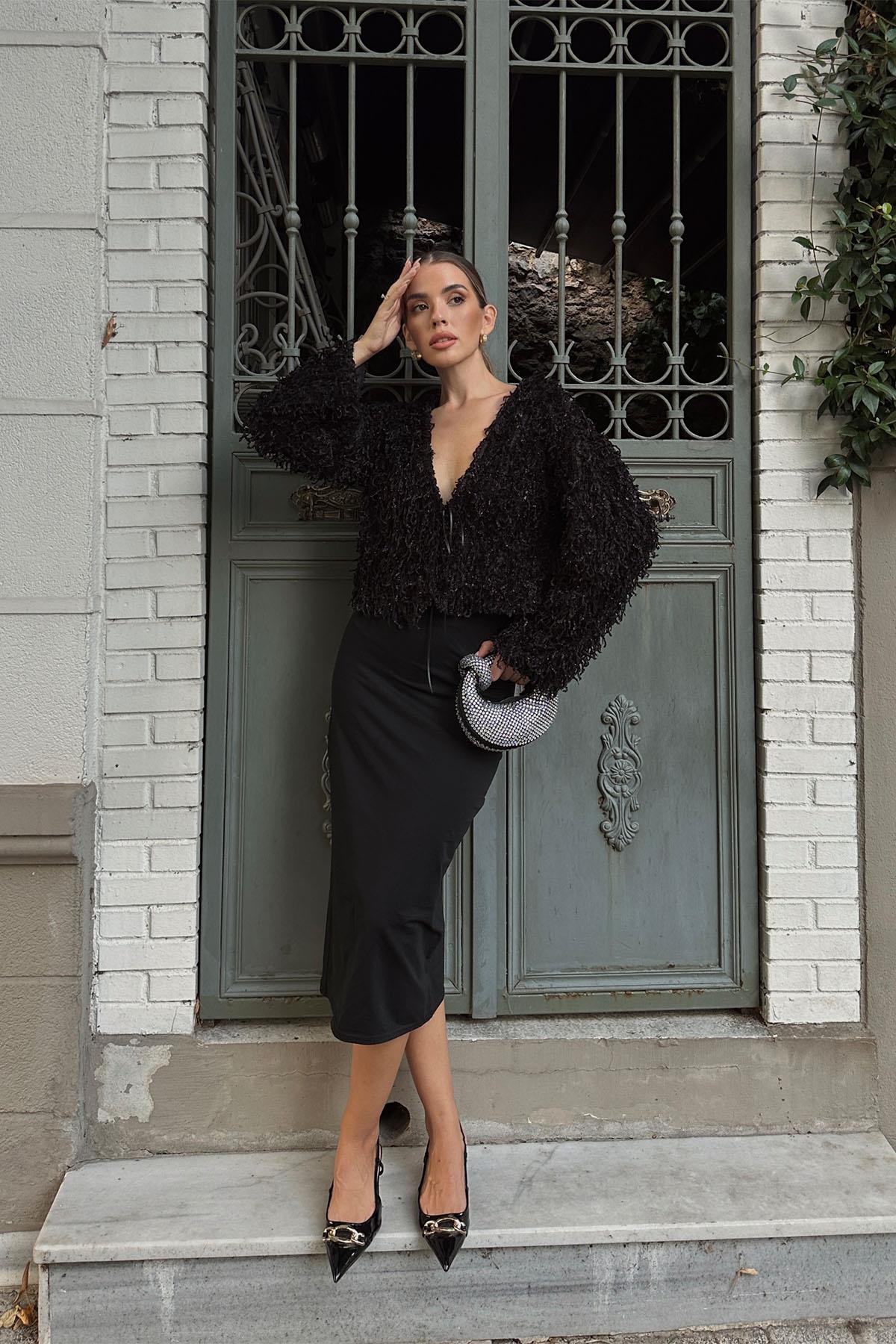 Püsküllü Hırka - Siyah