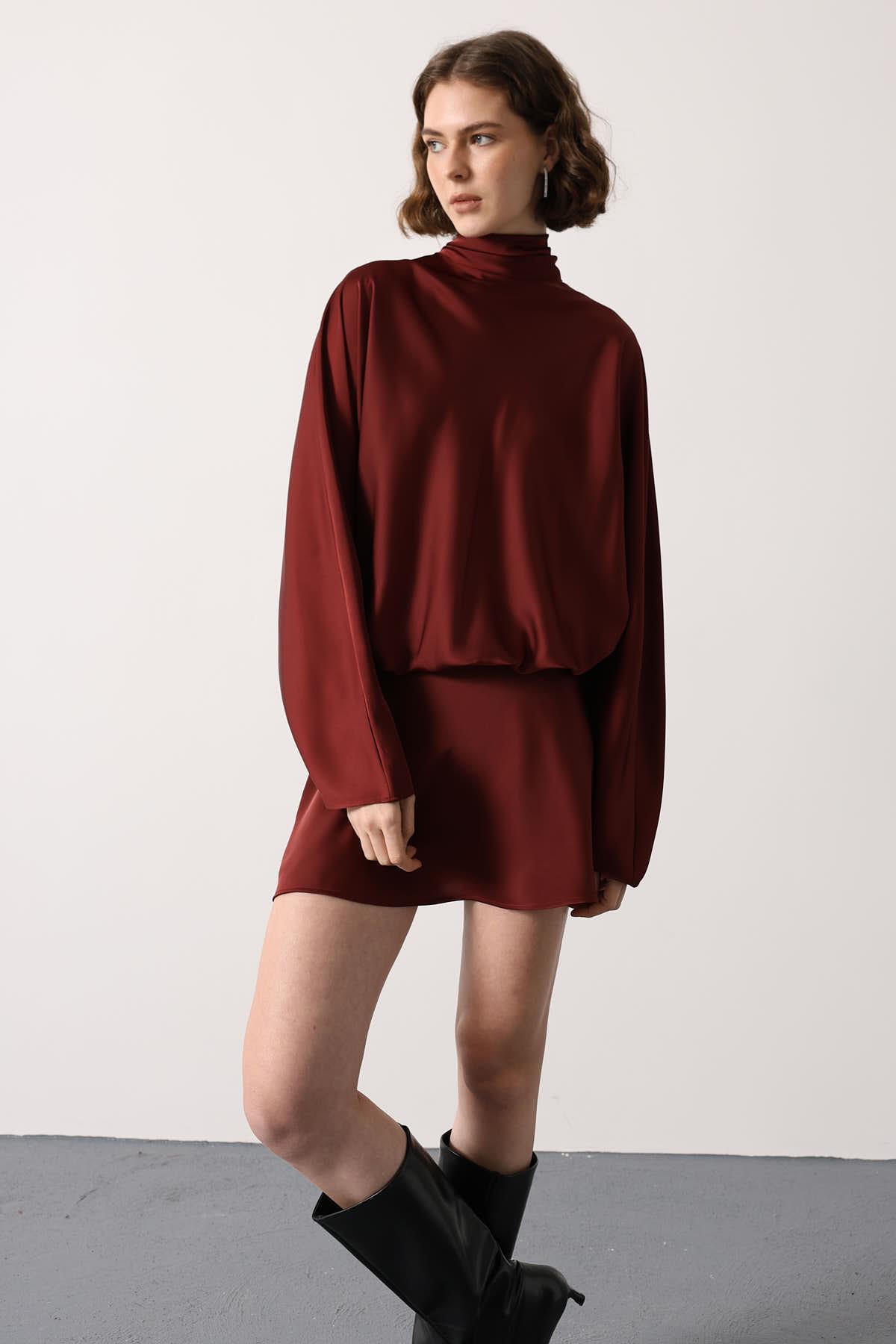 SATEN ELBİSE - Bordo
