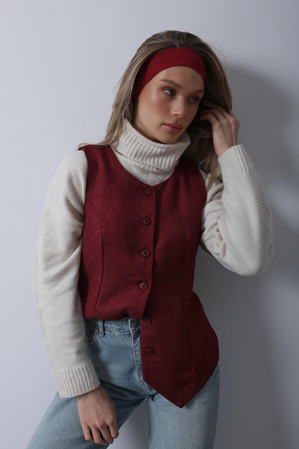 Sıfır Yaka Yelek - Bordo