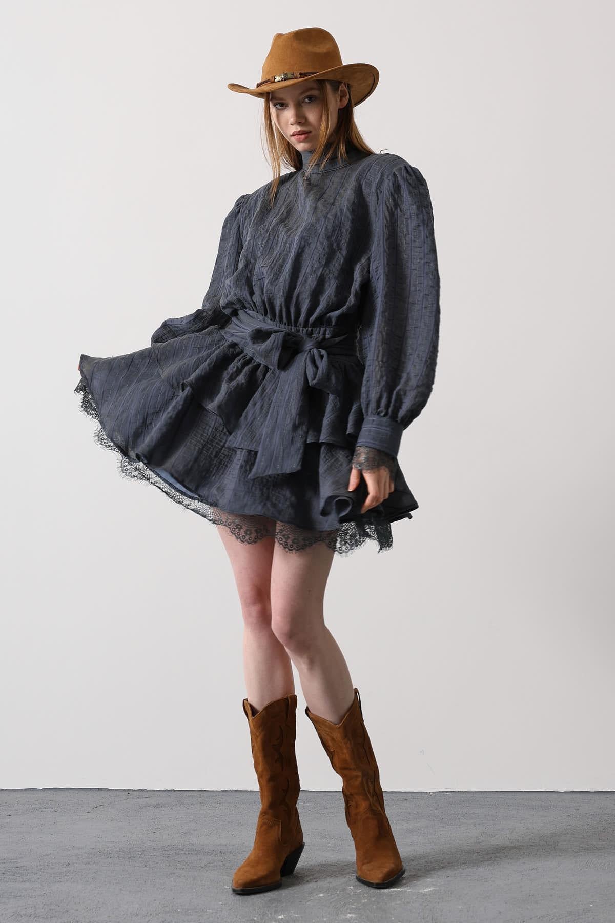 SİMLİ CİZGİLİ DANTELLİ MİNİ ELBİSE - Mavi