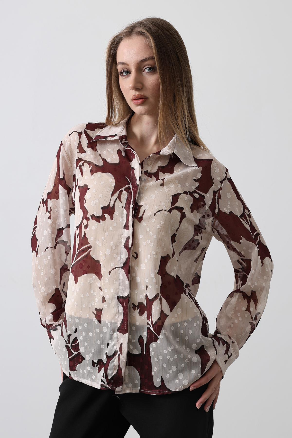 Simli Şifon Çiçekli Gömlek - Bordo