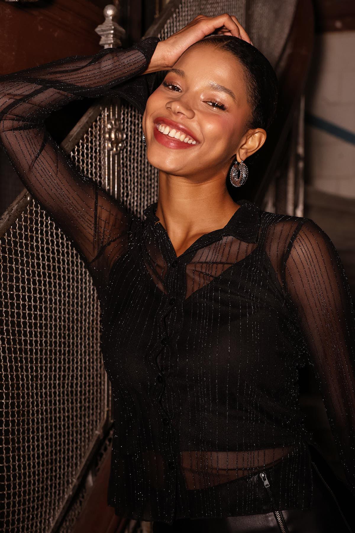 SİMLİ TÜL GÖMLEK - Siyah