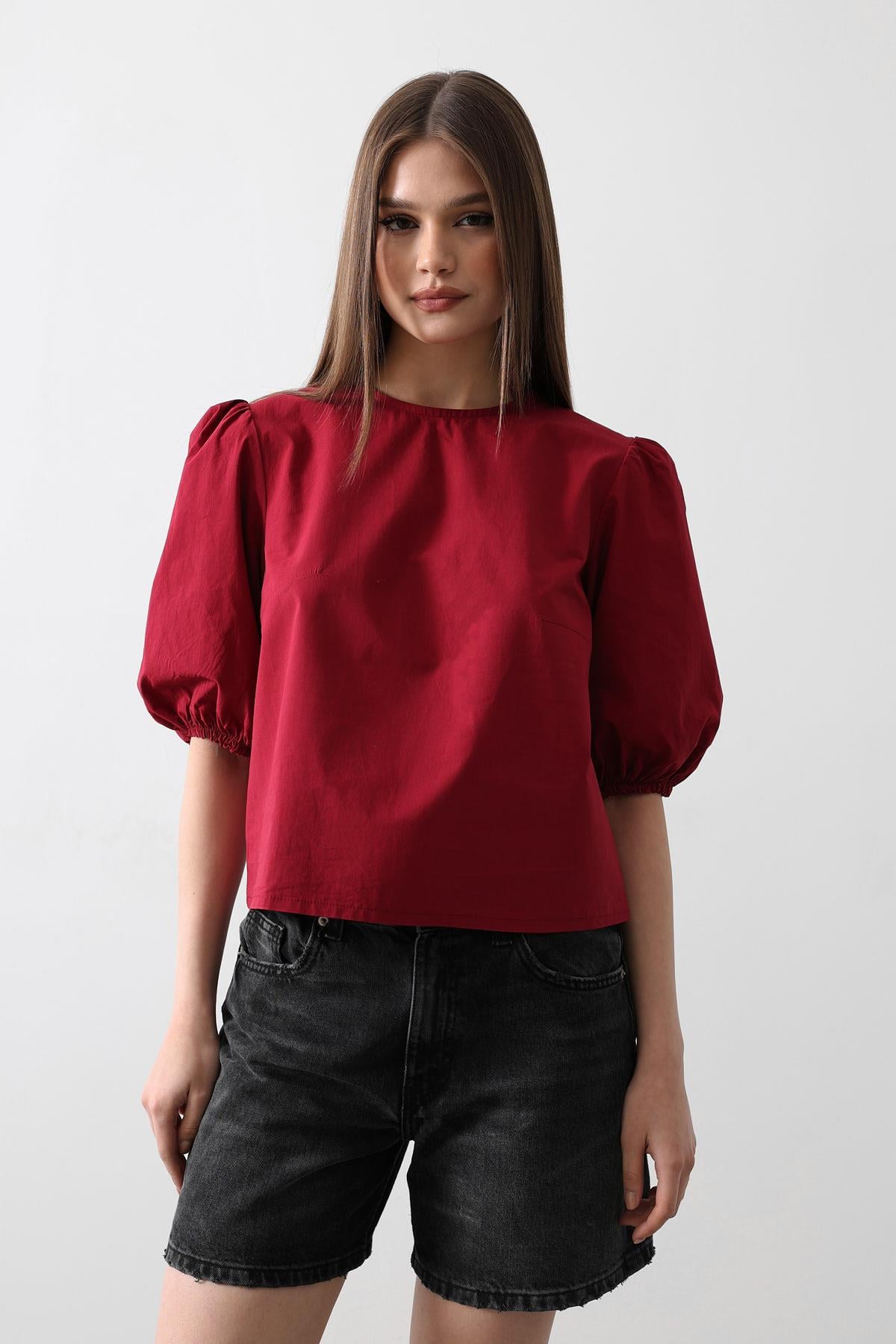 Sırtı Fiyonk Bağlamalı Bluz - Bordo