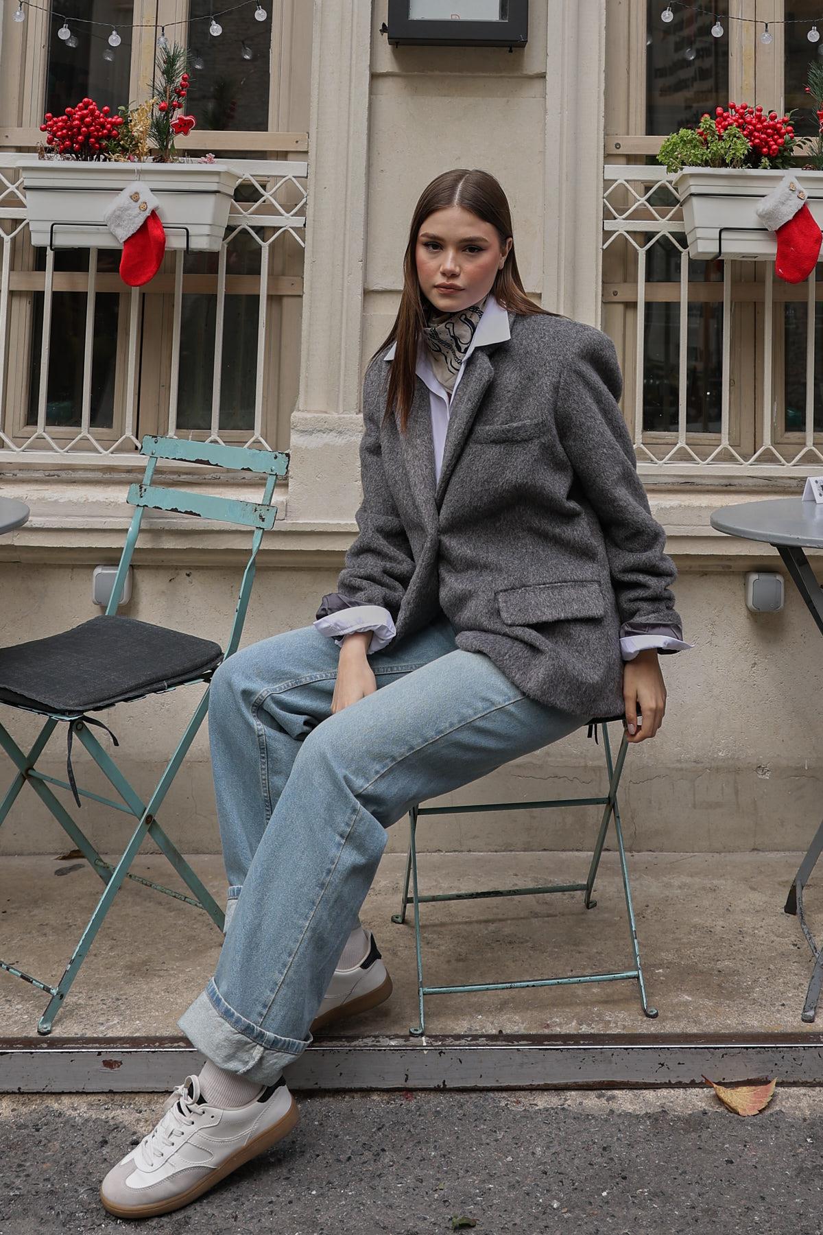 Tüylü Blazer Ceket - Füme