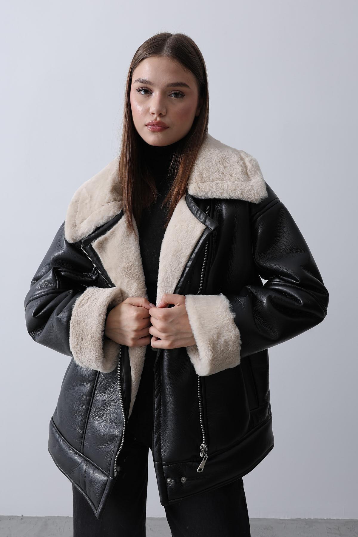 Tüylü Deri Biker - Siyah