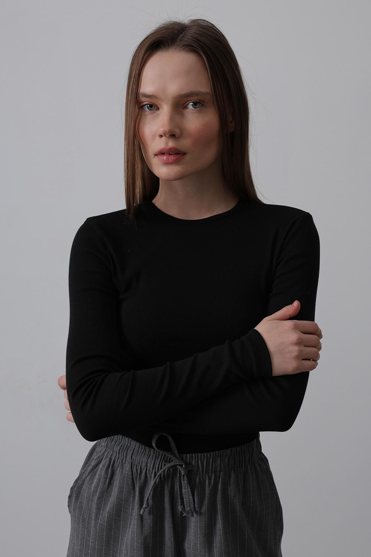 Uzun Kol Crop Top - Siyah