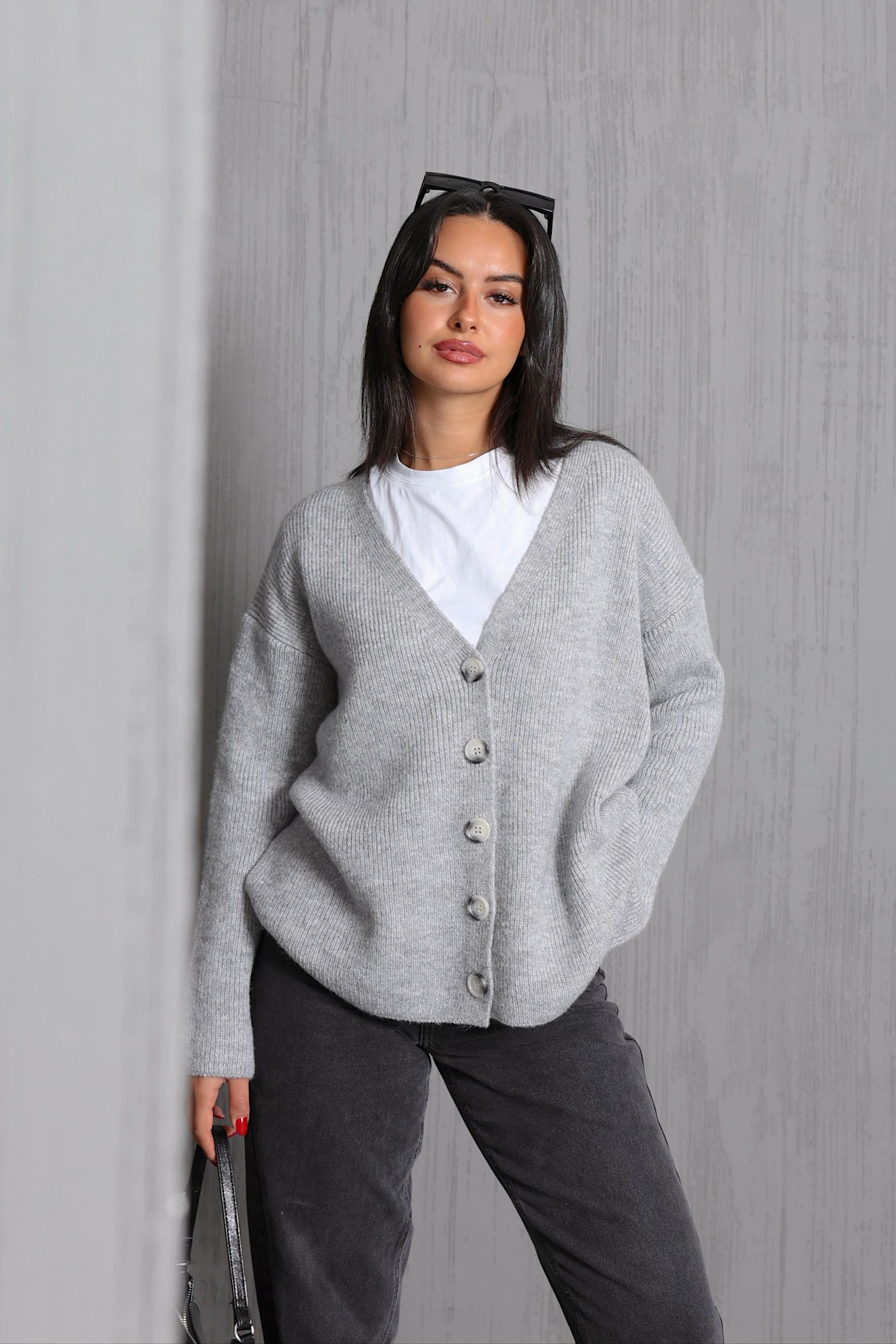 V Yaka Triko Hırka Gri