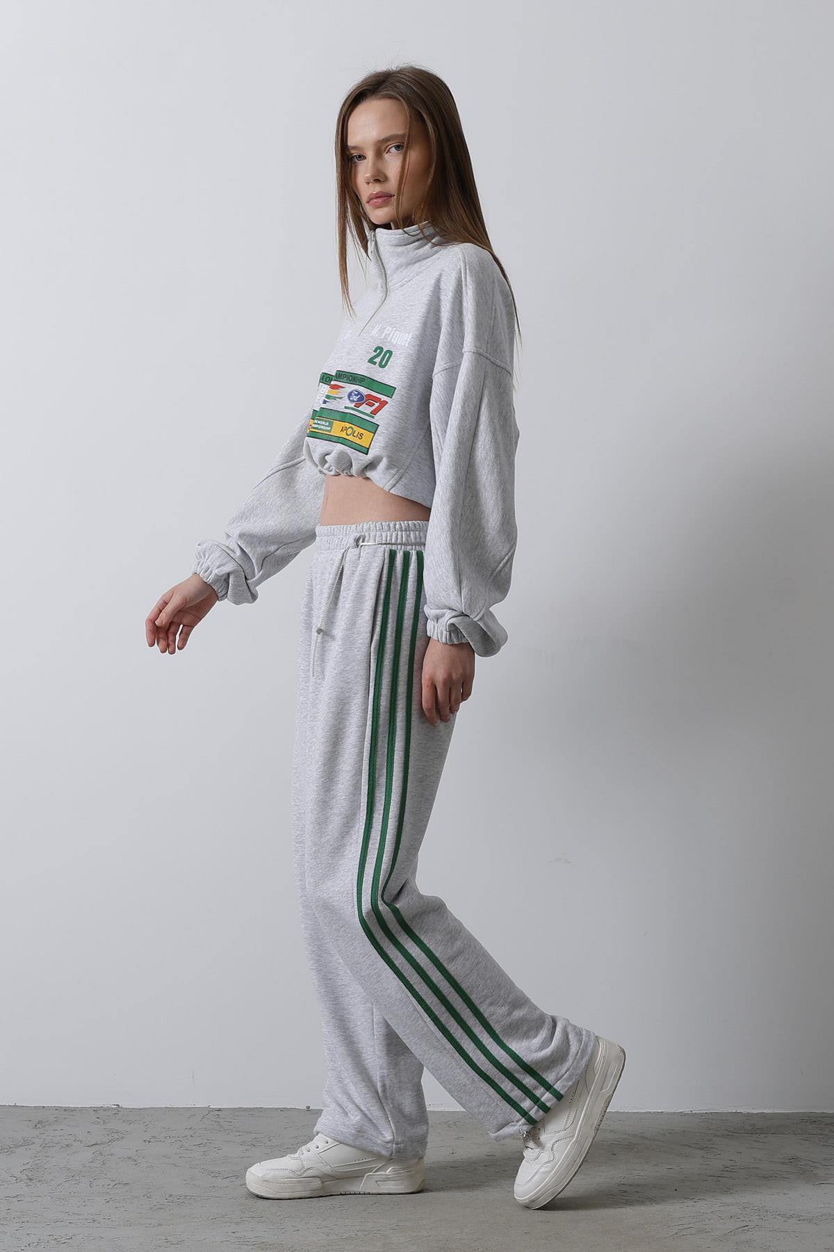 Yandan Şeritli Sweat Takım - Gri Melanj