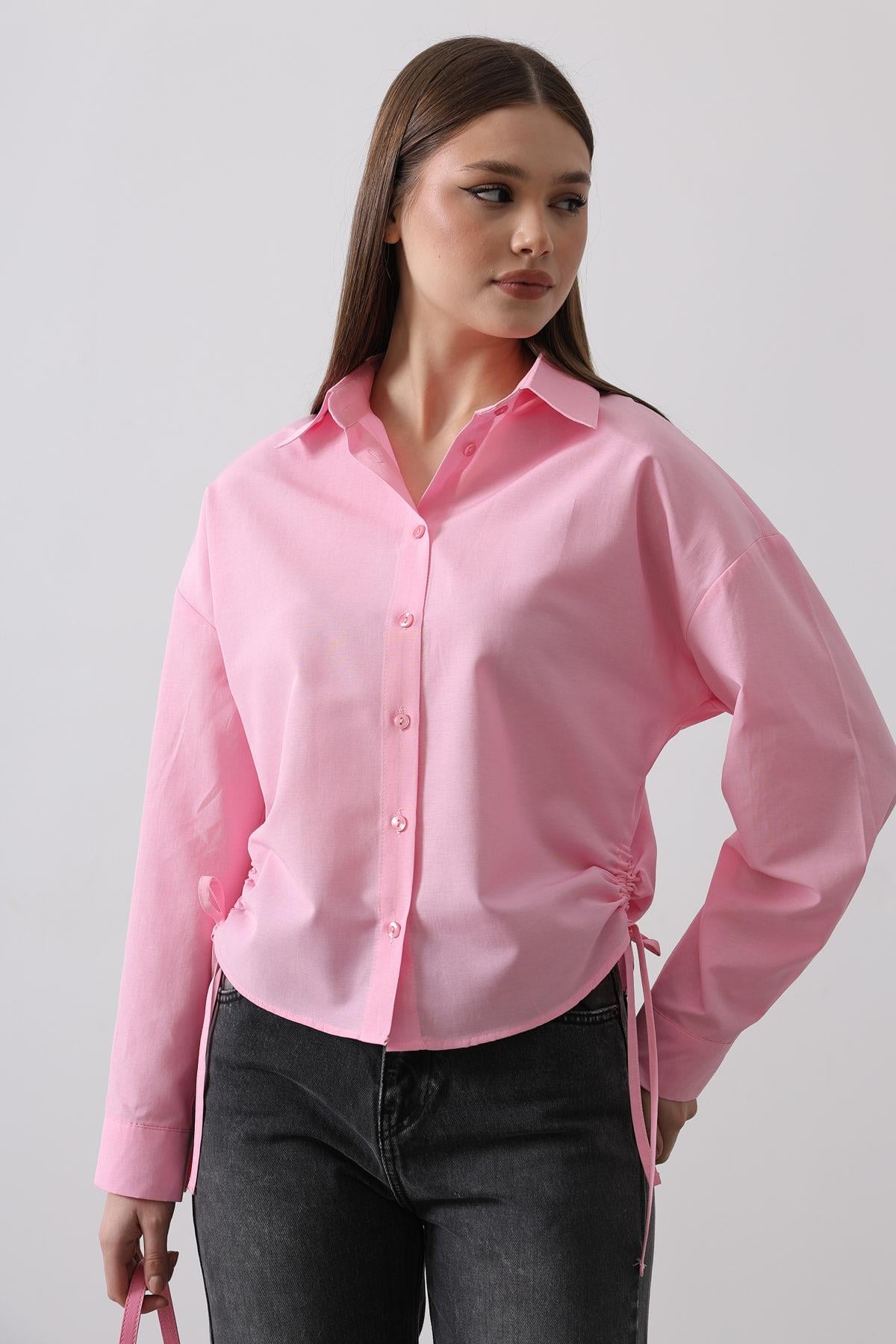 Yanları Bağlamalı Basic Gömlek - Pembe