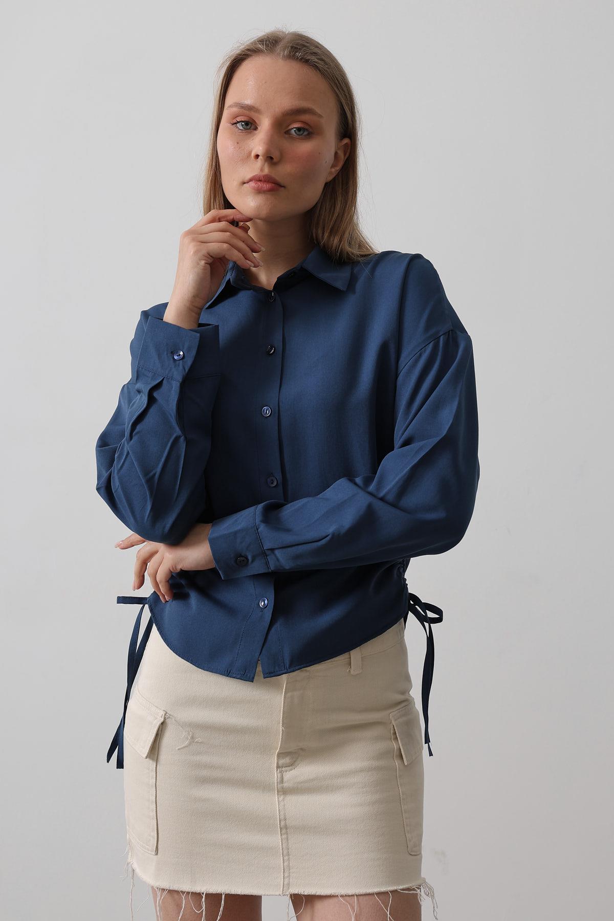 Yanları Bağlamalı Basic Gömlek - İndigo
