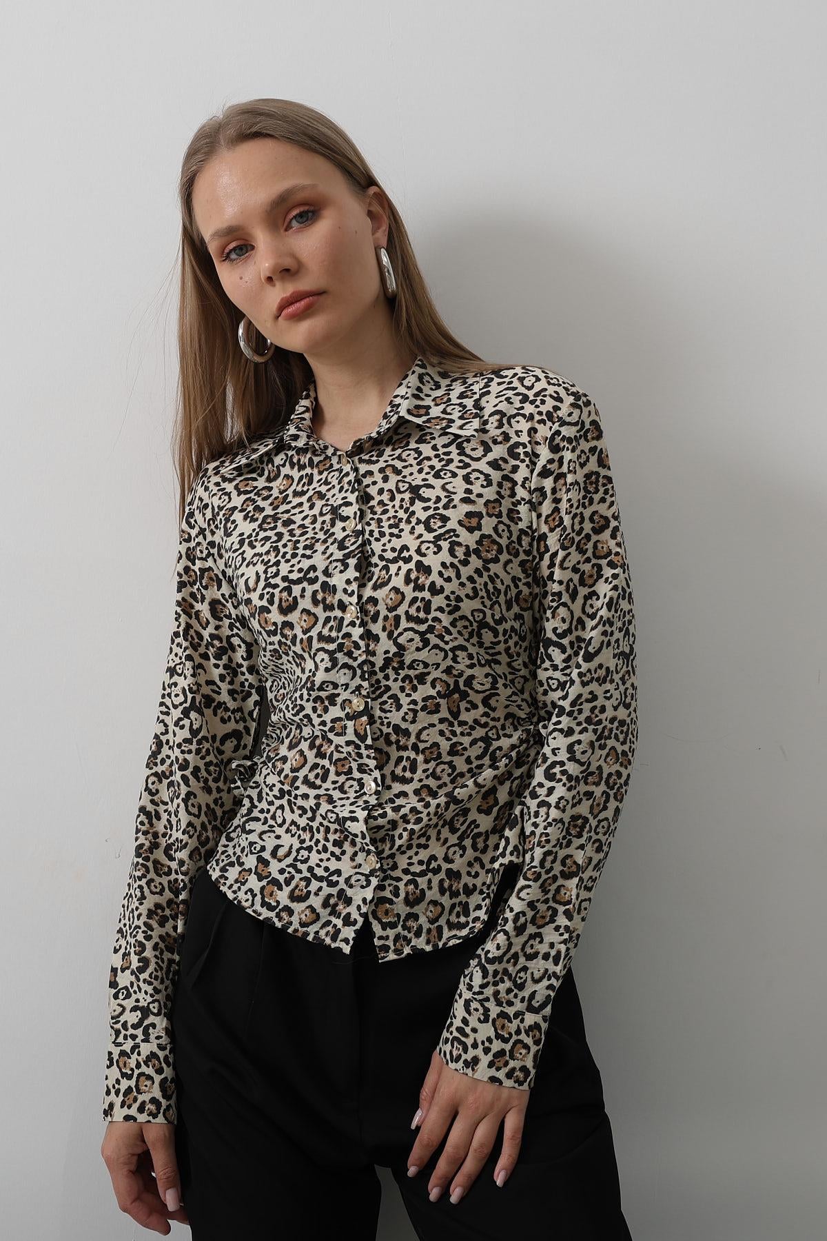 Yanları Büzgülü Leopar Gömlek - Leopar