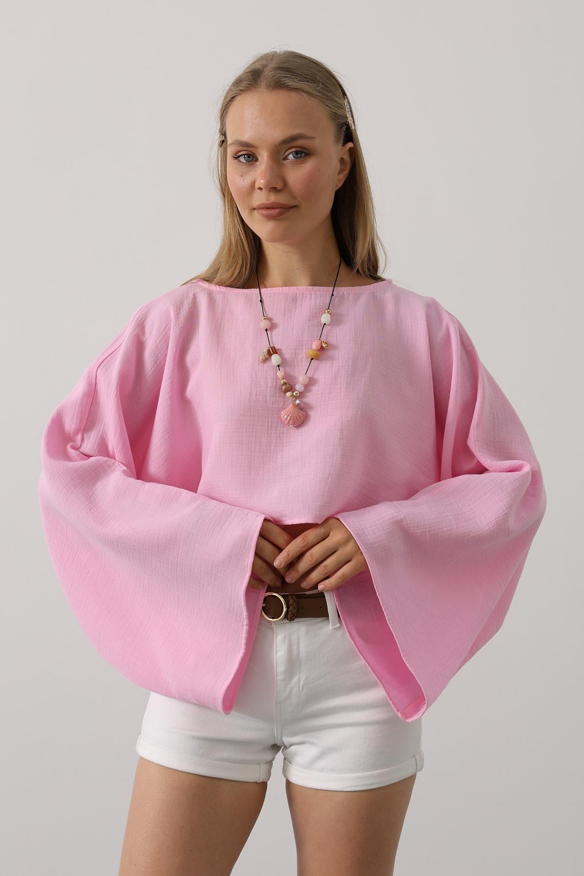 YARASA KOLLU CROP BLUZ - Pembe