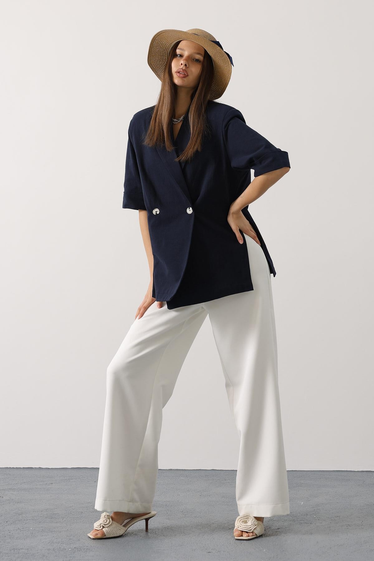 Yarım Kol Oversize Yırtmaçlı Ceket - Lacivert