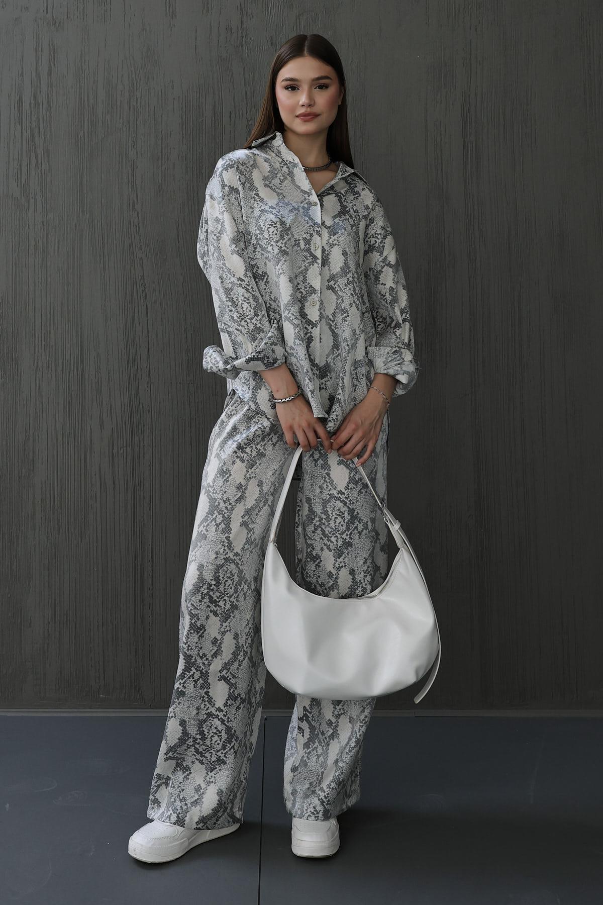 Yılan Baskılı Takım - Gri