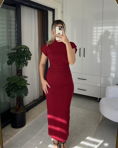 BORDO DRAPELİ MİDİ BOY ELBİSE