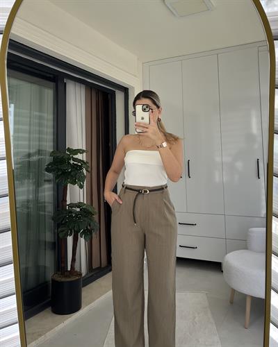HAKİ KEMERLİ KETEN PANTOLON
