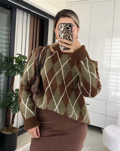 KAHVE-HAKİ BAKLAVA DESEN KAZAK