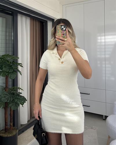 KREM KALP DÜĞME DETAY YUMOŞ KISA ELBİSE