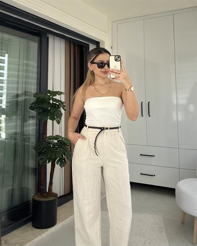 KREM KEMERLİ KETEN PANTOLON