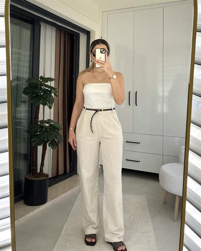 KREM KEMERLİ KETEN PANTOLON