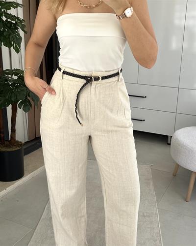 KREM KEMERLİ KETEN PANTOLON