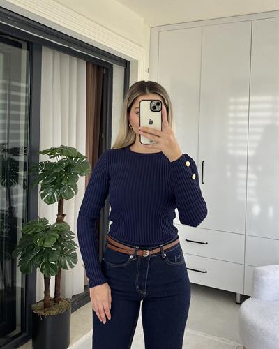 LACİVERT BİSİKLET YAKA GOLD DÜĞME DETAY BLUZ