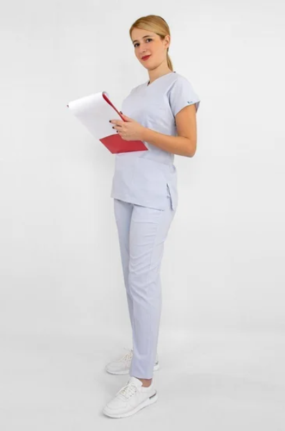 Unisex Bulut Gri Renk Likralı Hemşire Doktor Üniforması Scrubs