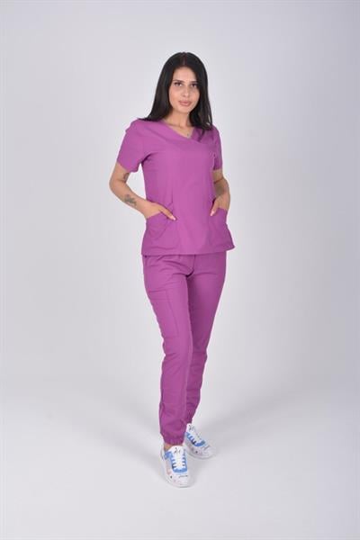 Açık Mor Likralı Jogger Alt Üst Takım Doktor Hemşire Scrubs Üniforma-Nur Medikal Giyim