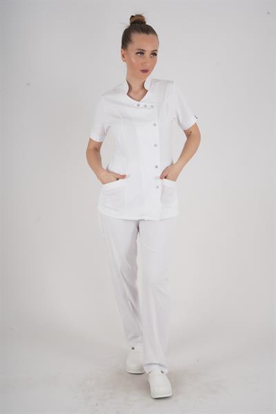Aylu Model Soft Likra Beyaz Doktor Hemşire Hastane Scrubs Üniforma Takımı-Nur Medikal Giyim