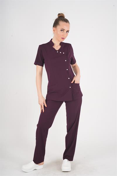 Aylu Model Soft Likra Mürdüm Doktor Hemşire Hastane Scrubs Üniforma Takımı-Nur Medikal Giyim