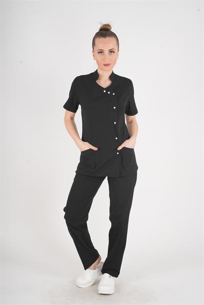 Aylu Model Soft Likra Siyah Hemşire Doktor Aşçı Scrubs Üniforma Takımı-Nur Medikal Giyim