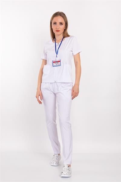 Beyaz Lily Model Fermuarlı Soft Likra Doktor Hemşire Cerrahi Üniforma Takım-Nur Medikal Giyim