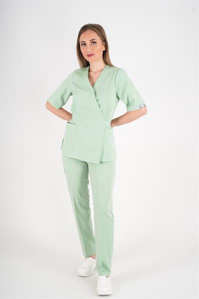 Çağla Yeşili Elegant Model Cerrahi Üniforma Belden Bağlamalı Scrubs Takım-Nur Medikal Giyim