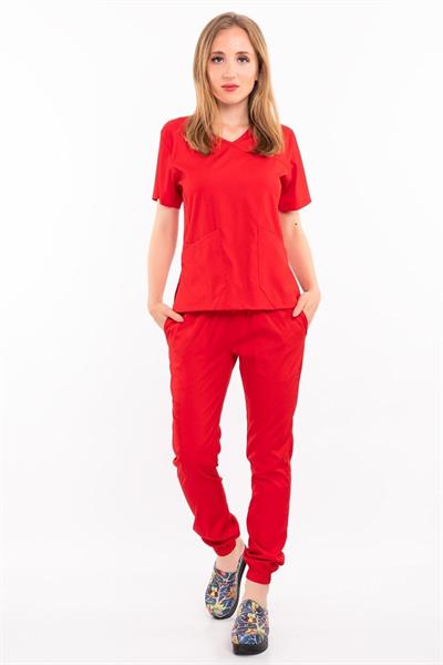 Kırmızı Soft Likralı Jogger Alt Üst Takım Doktor Hemşire Hastane Scrubs Üniforma-Nur Medikal Giyim