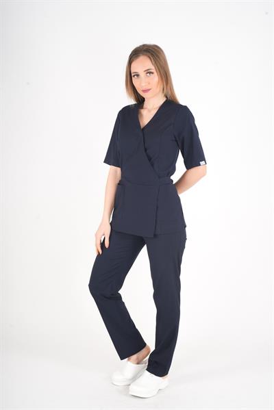 Lacivert Elegant Model Cerrahi Üniforma Belden Bağlamalı Scrubs Takım-Nur Medikal Giyim