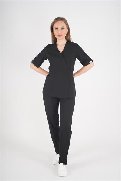 Siyah Elegant Model Cerrahi Üniforma Belden Bağlamalı Scrubs Takım-Nur Medikal Giyim