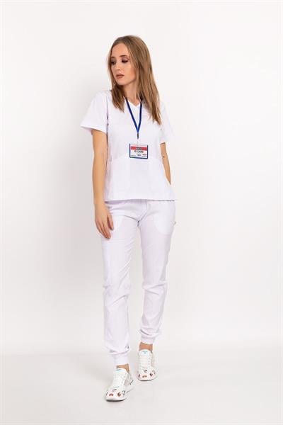 Unisex Kadın Erkek Beyaz Renk Soft Likralı Jogger Doktor Hemşire Hastane Cerrahi Takım-Nur Medikal Giyim